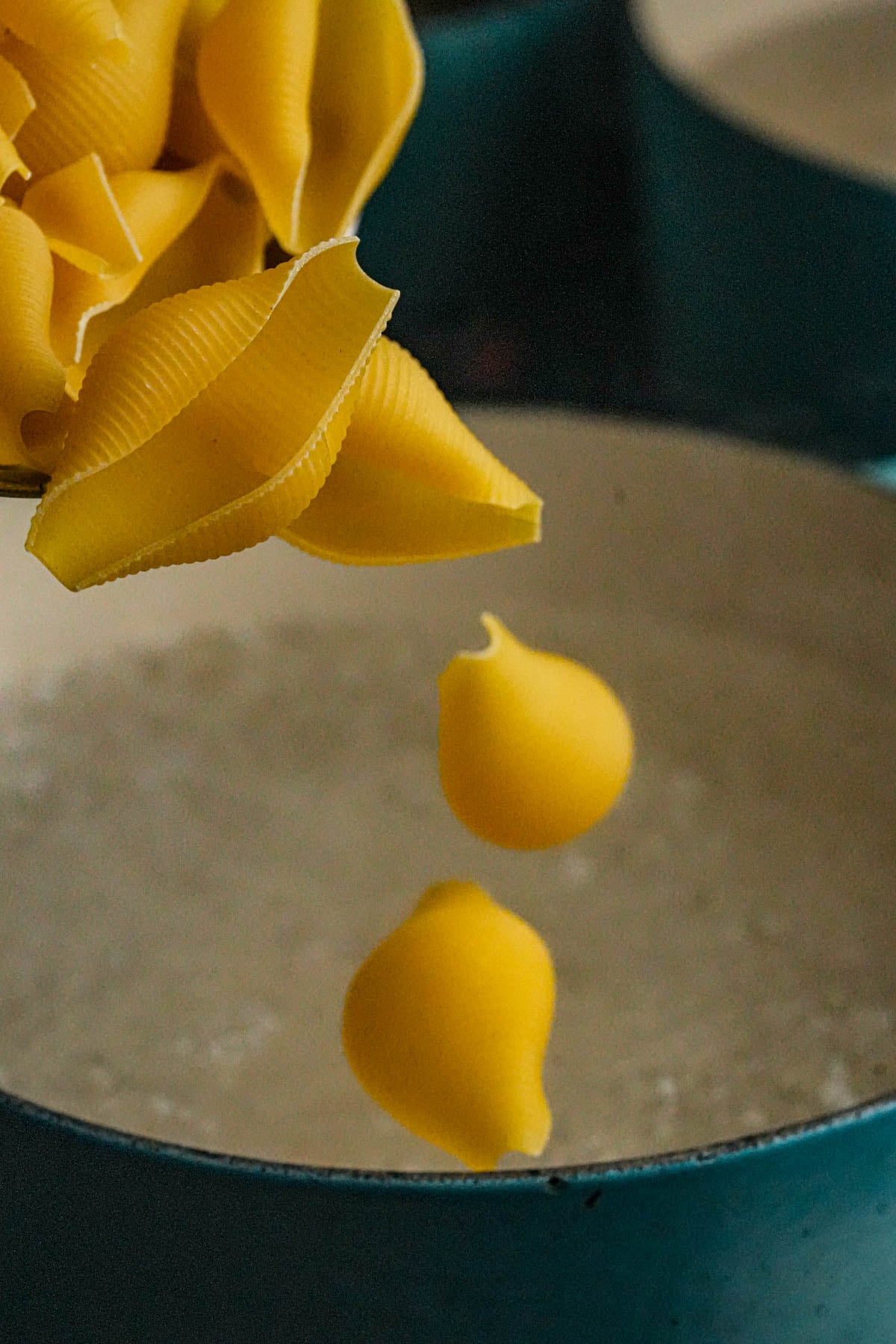 Close-up of large jumbo pasta shells being dropped into a pot of boiling water. Two shells are mid-air above the water, while others are still being held above the pot.