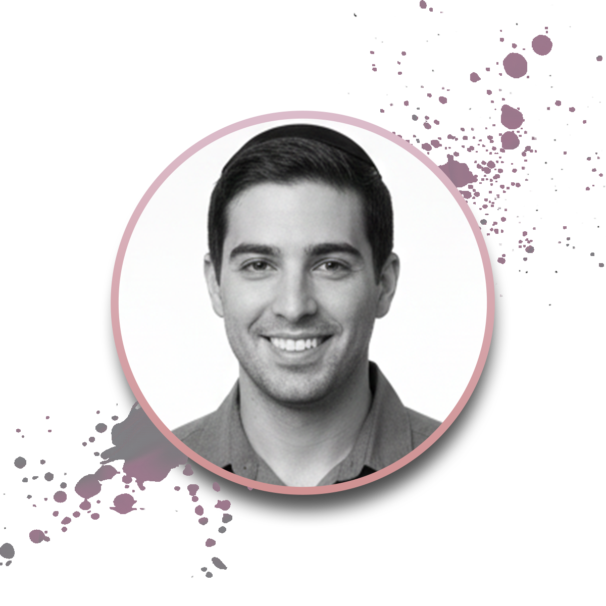 Black-and-white headshot of a smiling young man with short dark hair, wearing a collared shirt. The portrait is framed by a circular pink border with purple paint splatters in the background.