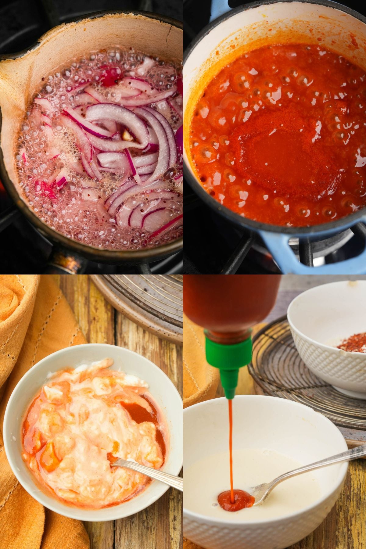 A collage of four images shows (top left) red onions cooking in a pot, (top right) tomato sauce simmering, (bottom left) a bowl with sauce being mixed, and (bottom right) hot sauce being squeezed into a bowl.