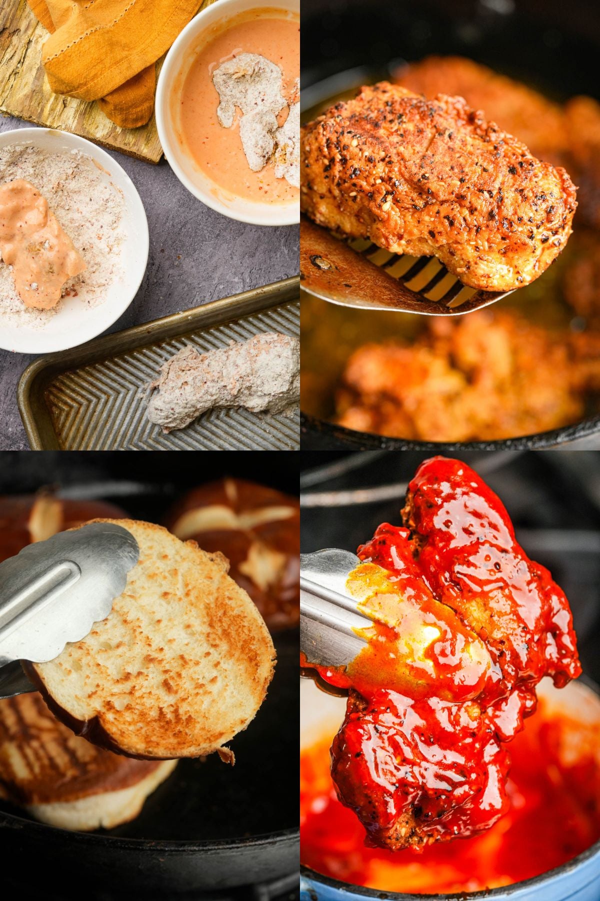 A four-panel collage showing: fish fillet being dipped in batter and flour, fried fish on a spatula, toasted sandwich bun with tongs, and a fish fillet coated in red hot sauce being lifted with tongs.