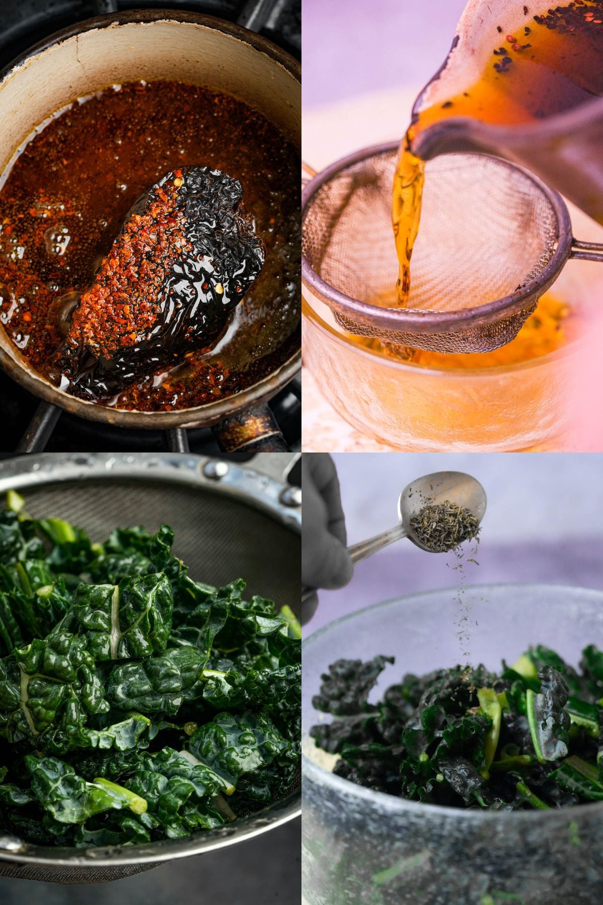 A collage of four images: dried chili soaking in spices, liquid being poured through a mesh strainer, chopped kale being rinsed, and Korean BBQ Seitan with dried herbs sprinkled onto kale in a bowl.