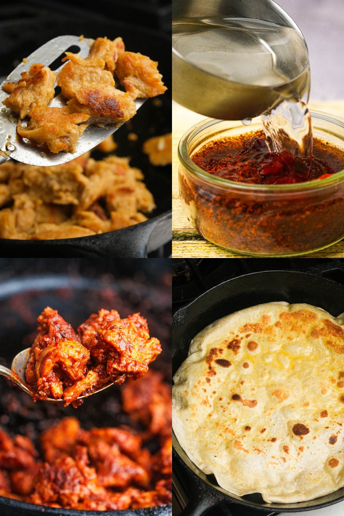 A collage of four images: Korean BBQ Seitan pieces on a spatula, hot oil poured over chili flakes, spicy chicken on a spoon, and a golden flatbread sizzling in a skillet.