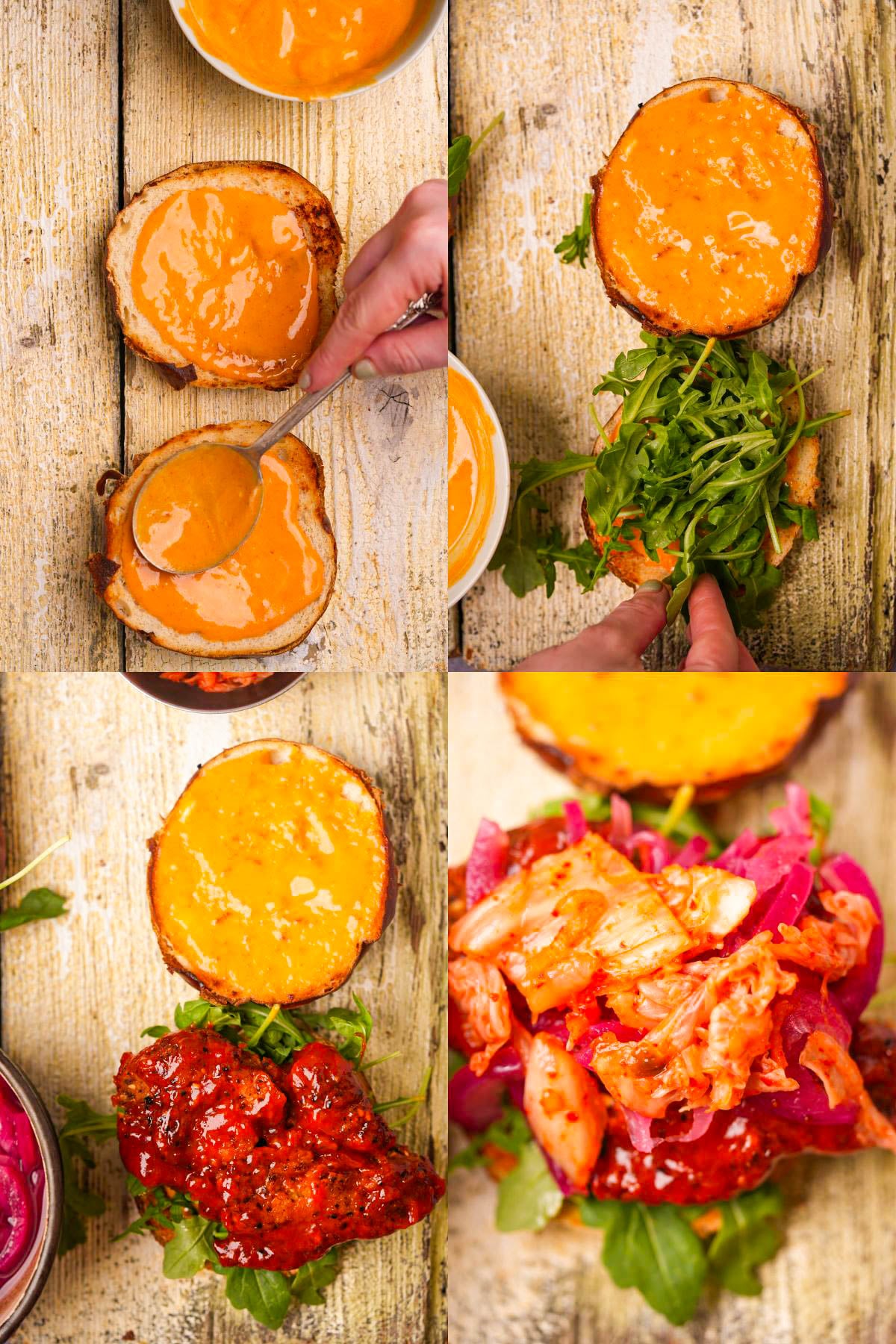 A step-by-step collage shows a gochujang seitan sandwich being assembled: spreading orange sauce on bread, adding arugula, placing sauced fried chicken, and topping with pink pickled onions and kimchi on a rustic wooden surface.
