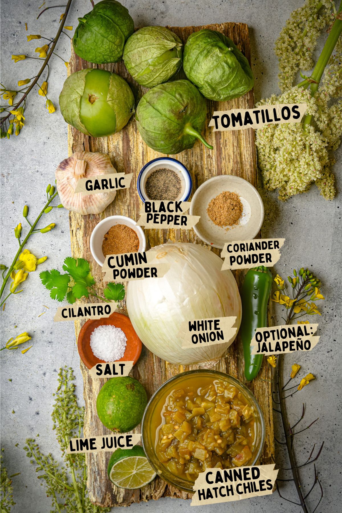 Overhead view of labeled ingredients for a hatch chile salsa recipe including tomatillos, garlic, black pepper, cumin powder, coriander powder, white onion, cilantro, salt, lime juice, canned Hatch chiles, and an optional jalapeño.