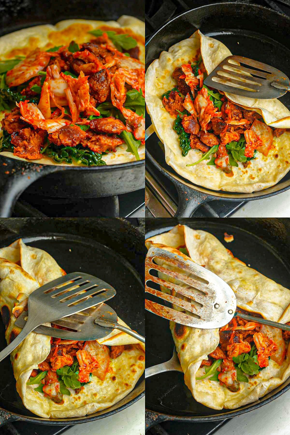 A four-step collage shows a tortilla in a skillet being filled with greens, kimchi, and Korean BBQ seitan, then folded with a spatula into a wrap, ready to be served.
