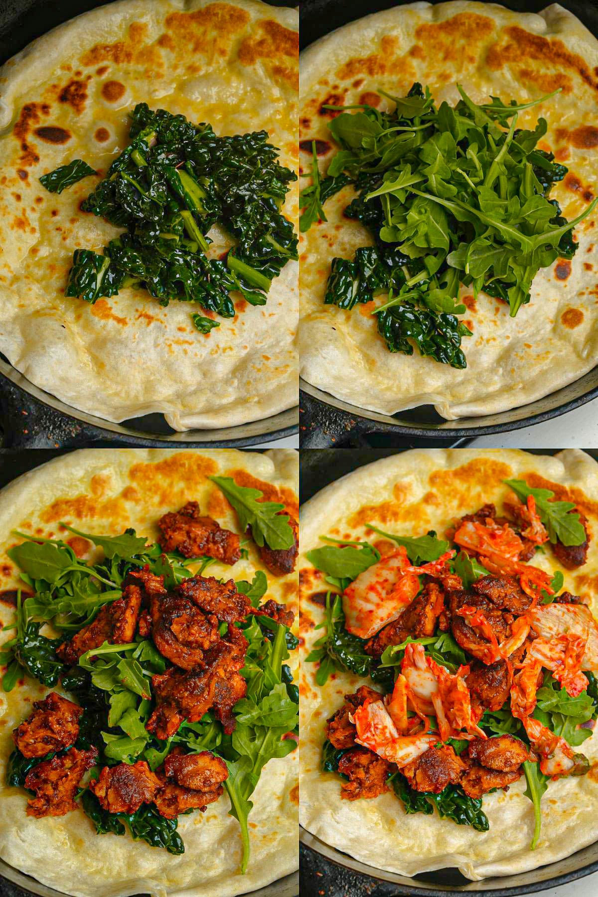 Four images showing the step-by-step assembly of Korean BBQ seitan: first with kale then with added fresh arugula, then spicy cooked seitan, and finally topped with kimchi.