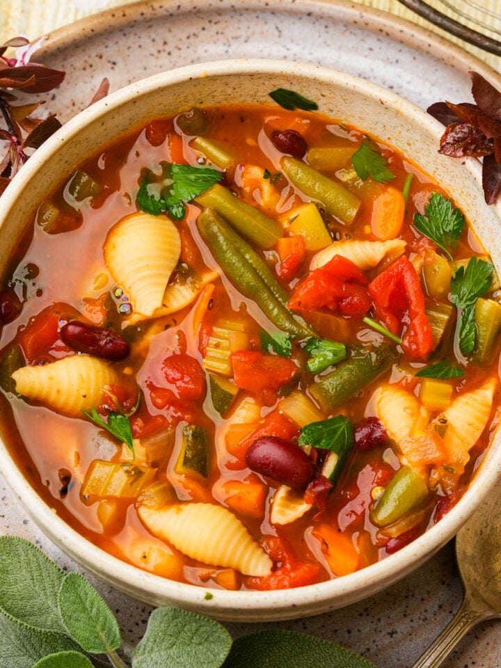A bowl of vegan minestrone soup with pasta shells, kidney beans, green beans, tomatoes, carrots, celery, and parsley, served on a plate with a spoon and garnished with fresh herbs.
