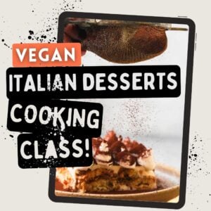 A digital flyer advertises a vegan Italian desserts cooking class, featuring a hand dusting cocoa over a creamy dessert on a plate, with bold, playful text over the image.