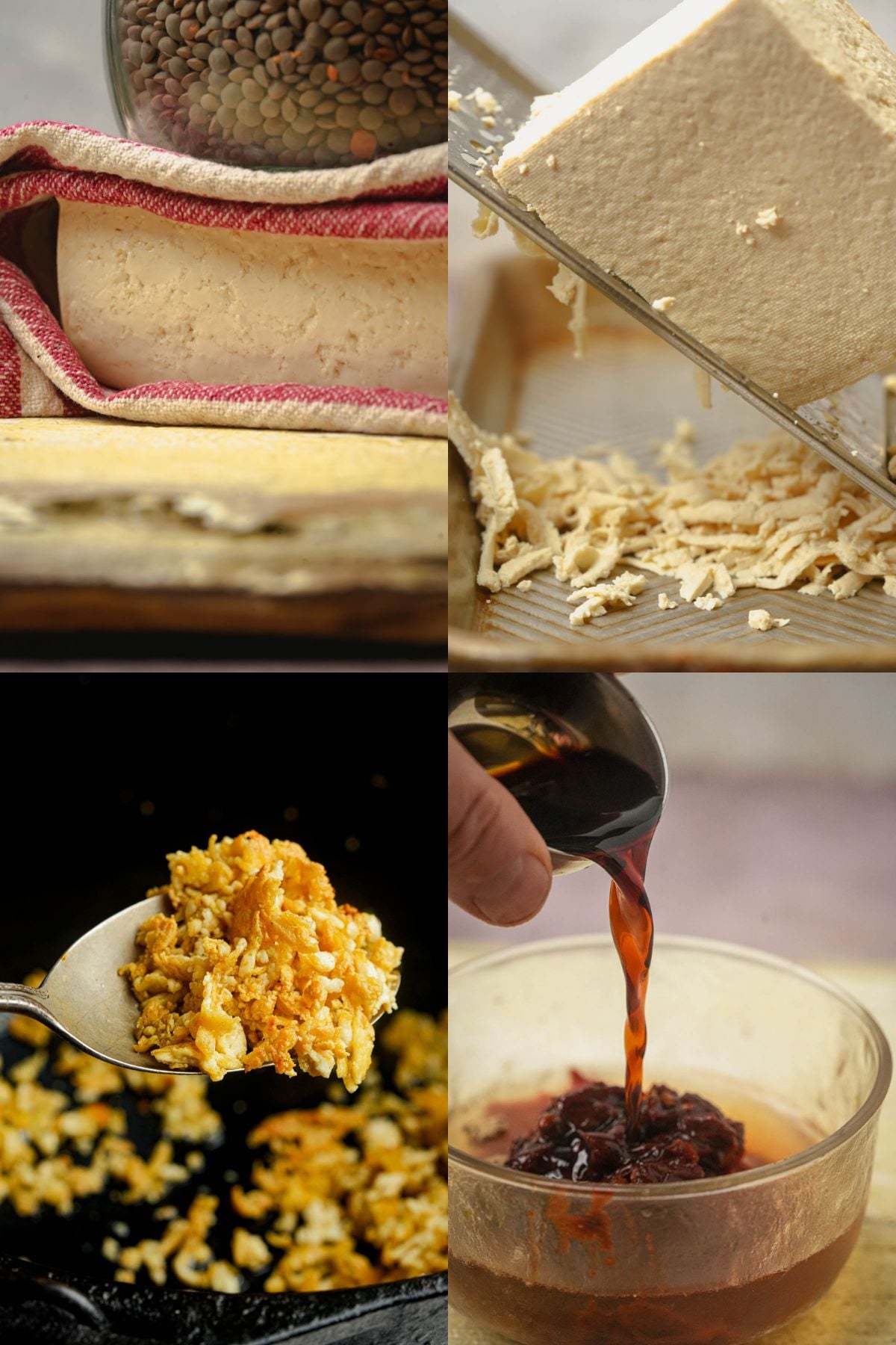 Collage of four images: dry lentils in a jar above a tofu block; shredded tofu on a grater; cooked, seasoned shredded tofu on a spoon-perfect for Tofu Chili; and a hand pouring soy sauce into a bowl with other sauce ingredients.