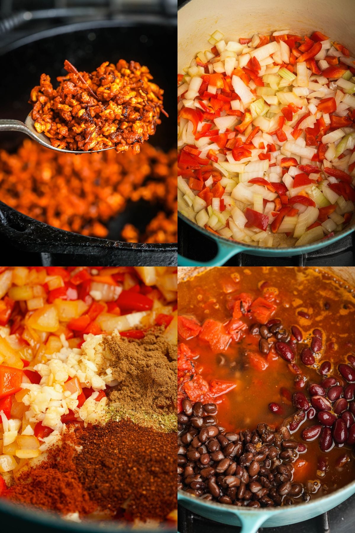 A four-panel collage shows Tofu Chili being made: sautéed onion and red pepper, a spoonful of browned tofu with spices, assorted spices and chopped garlic added to the pot, and beans simmering with tomatoes in sauce.