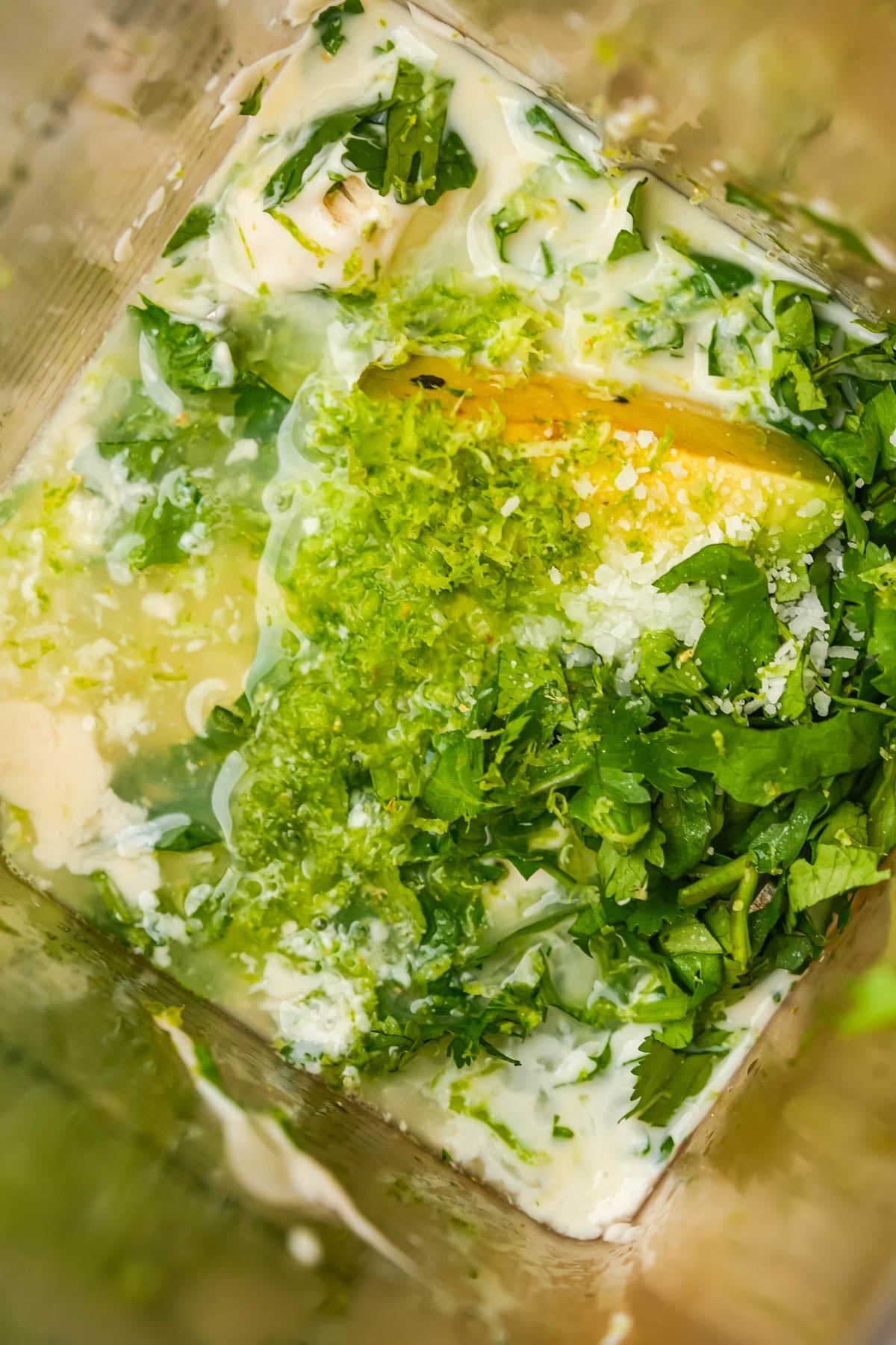 Close-up of fresh cilantro, lime zest, lime juice, salt, avocado and other ingredients in a blender, ready to be mixed for a sauce for vegan chiles rellenos.