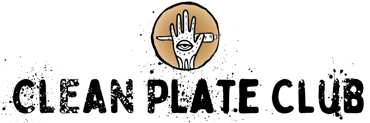 Text logo “CLEAN PLATE CLUB” with black splatter accents. Above the text, a tan circle features a stylized hand holding a fork, with an eye on the palm—perfect for any Vegan Meal Planner enthusiast.