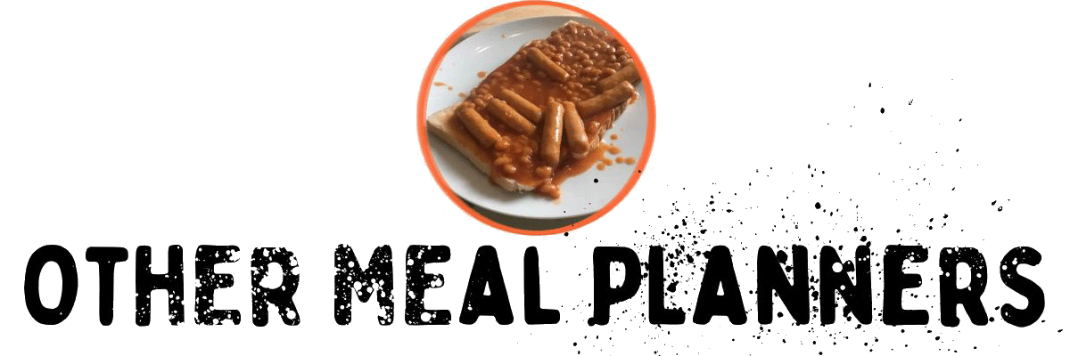 A plate with baked beans and several sausages on toast above the bold text