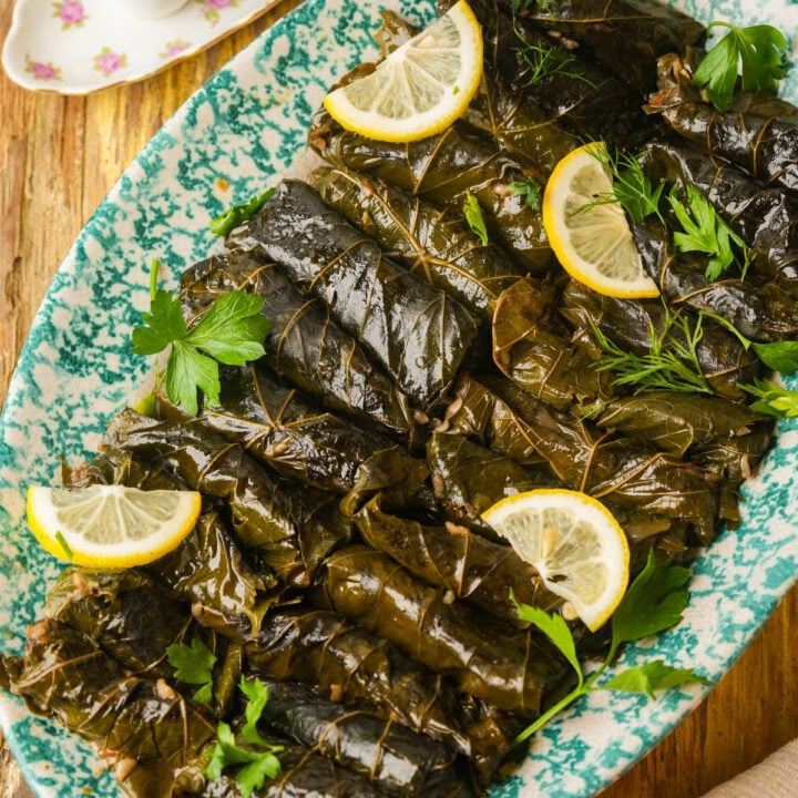 A platter of stuffed yalanji garnished with lemon slices and fresh herbs, served on a green and white patterned dish on a wooden table.