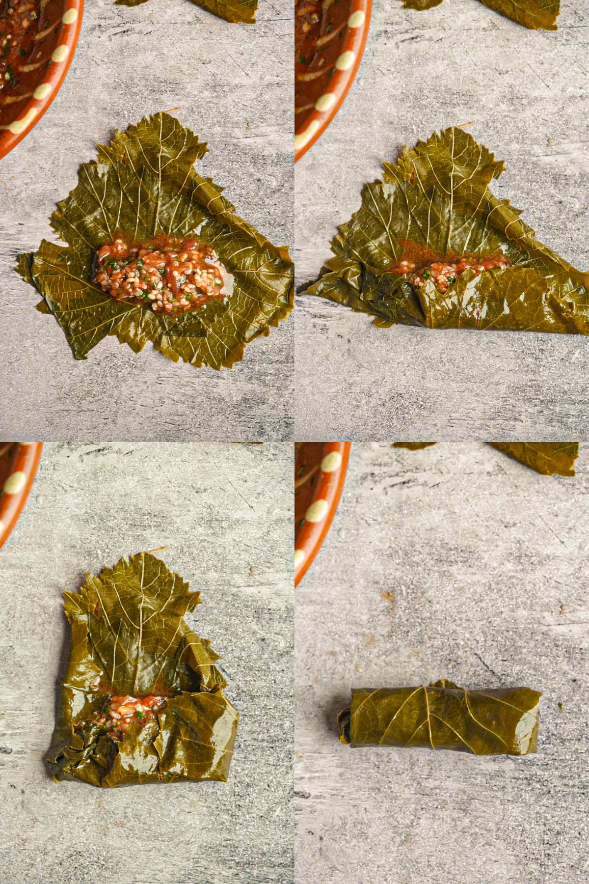 Four-step process of rolling grape leaves stuffed with a rice and herb mixture, shown from placing the filling to folding and rolling the leaf into a neat bundle on a gray surface.