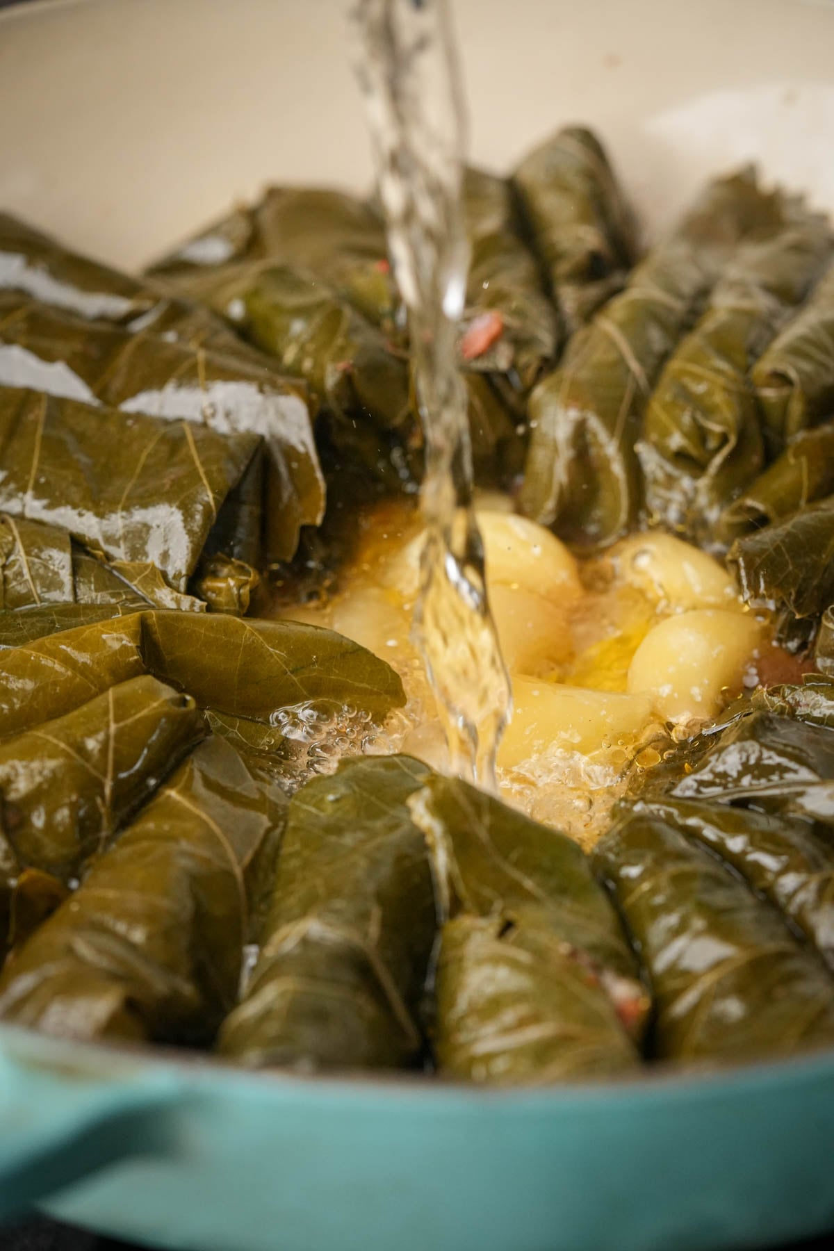Yalanji stuffed with rice are arranged in a pot with cloves of garlic in the center, as water is being poured over them for cooking.