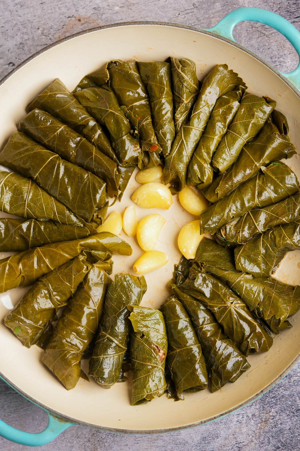A round pan filled with stuffed yalanji arranged in a circle, with several whole garlic cloves in the center, on a gray surface.