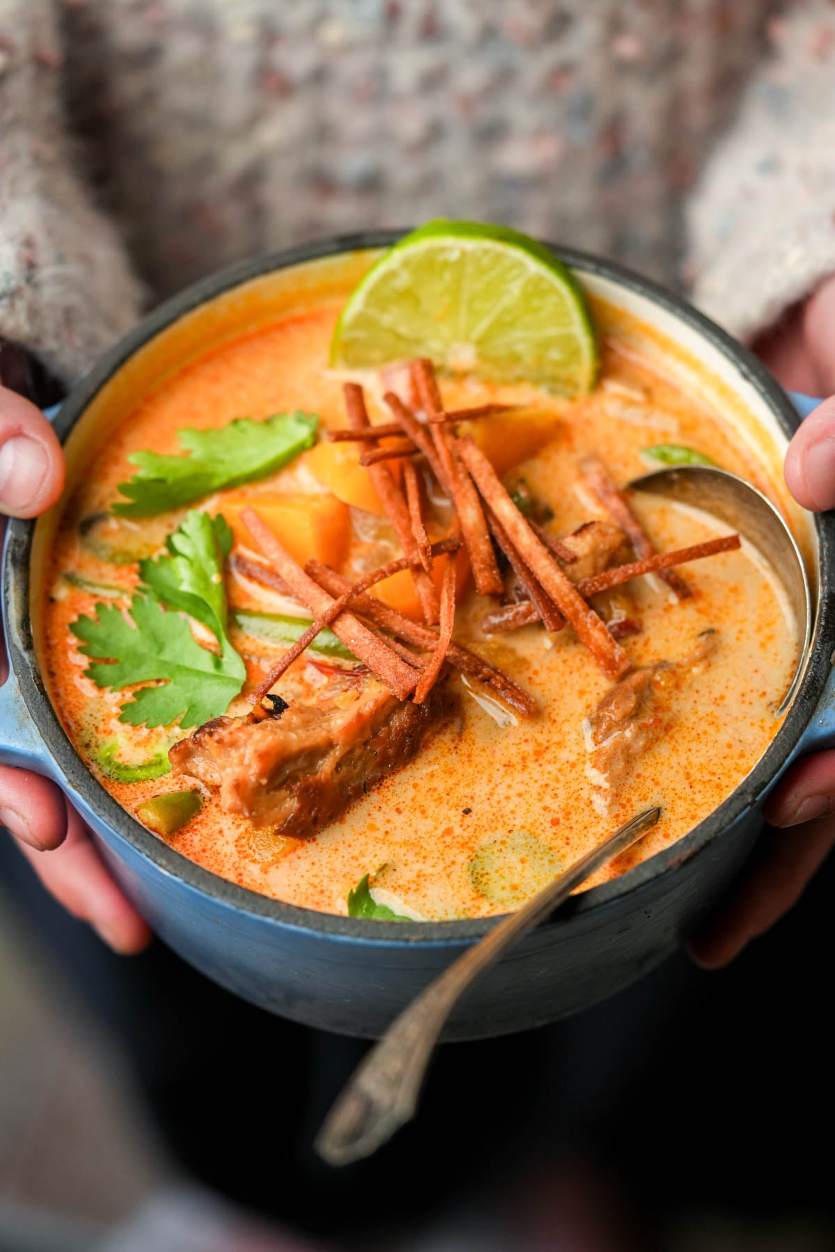 A person holds a bowl of creamy vegan chipotle butternut squash soup topped with cilantro, lime, crispy strips, and chunks of meat, with a spoon inside the bowl.