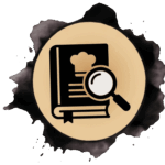 A black icon of a cookbook with a chef hat and lines, overlaid with a magnifying glass, is centered on a circular, tan background with a black ink splash border.