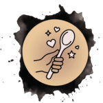 A hand holding a spoon, surrounded by hearts and stars, is centered on a beige circle with a black ink splatter background.