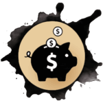 A black piggy bank with a dollar sign, coins dropping into it, on a beige circle background with a black ink splash around it.