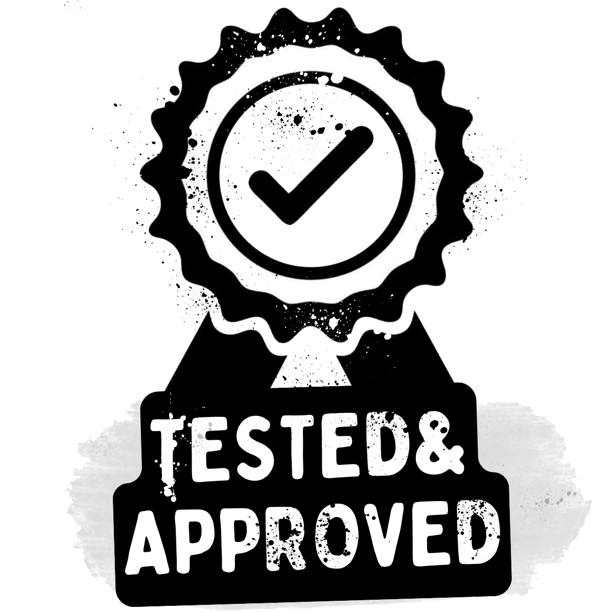 A black and white badge graphic with a check mark inside, above bold text that reads TESTED & APPROVED. The design has a splattered paint effect.