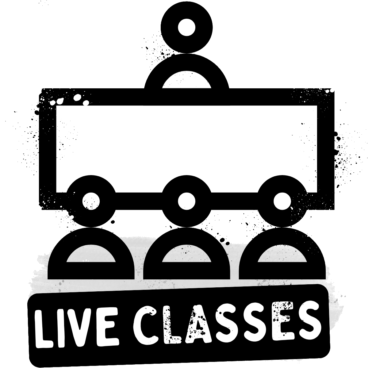 Black and white graphic of a teacher at a whiteboard with three students below, above the words LIVE CLASSES in bold, all-caps lettering.