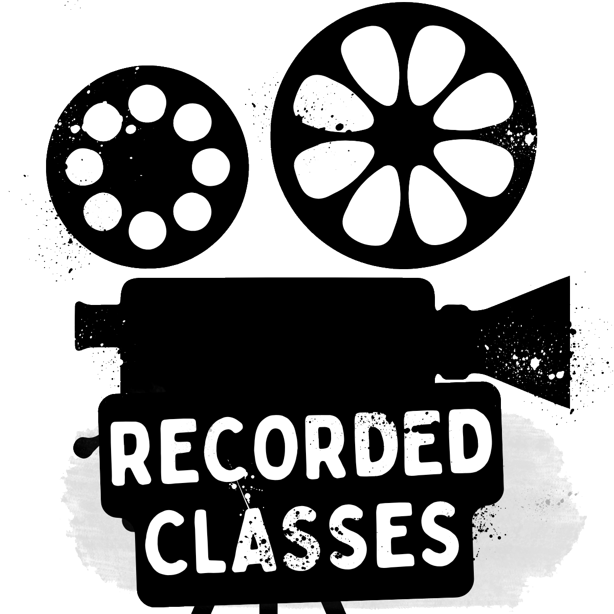 A black and white illustration of a vintage film camera with two reels and a sign that reads RECORDED CLASSES in bold letters on the camera body.