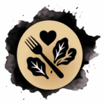 A round tan icon with a black fork, two leafy greens, and a heart in the center, set against a black watercolor splatter background.