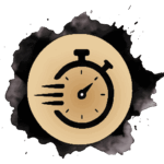 A stopwatch icon with speed lines, centered on a tan circle, appears over a black ink splatter background.