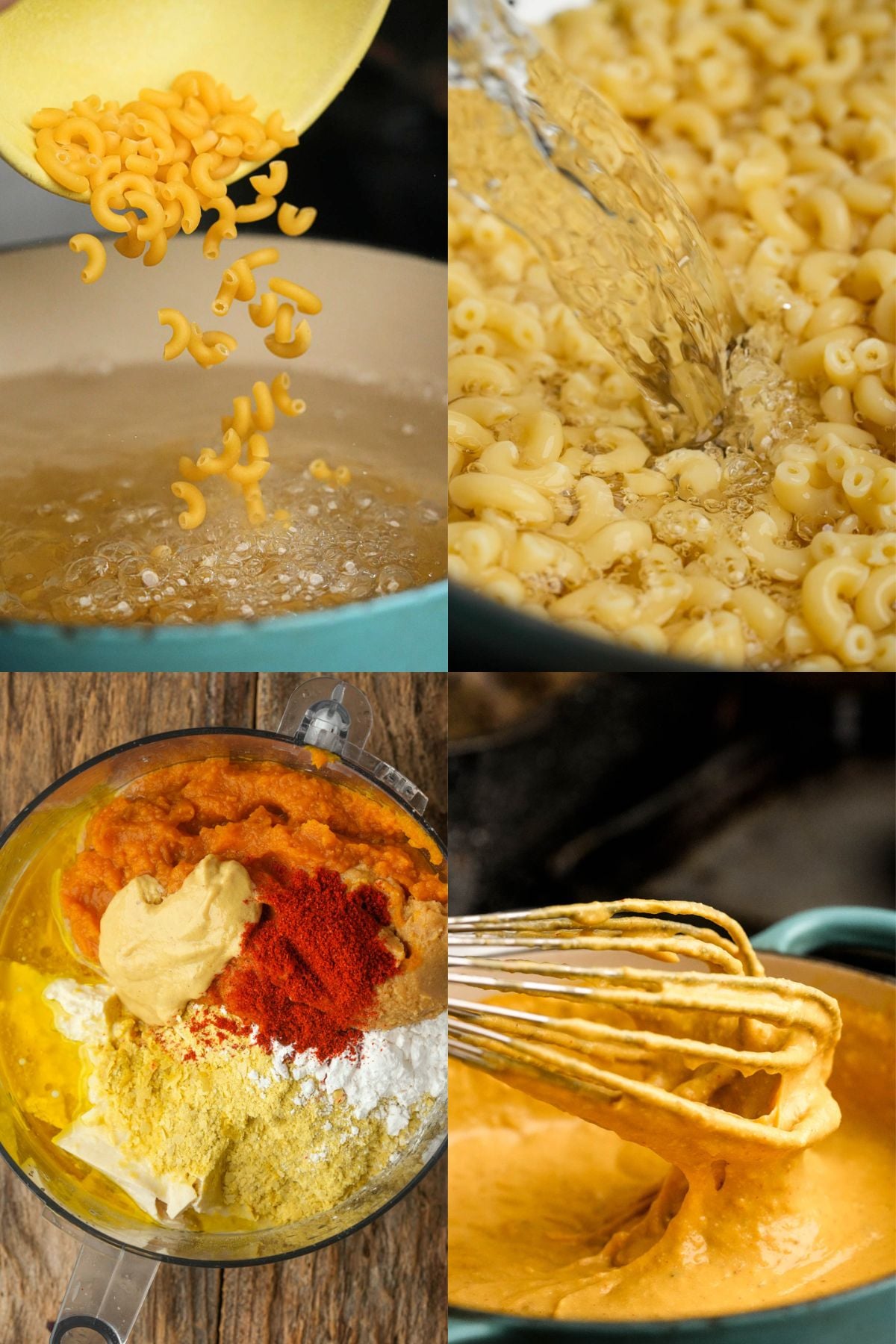 Four images: uncooked macaroni poured into boiling water, macaroni being rinsed, sauce ingredients in a food processor, and a whisk mixing a creamy, orange sauce. All steps for making a delicious Vegan Pumpkin Mac and Cheese dish.