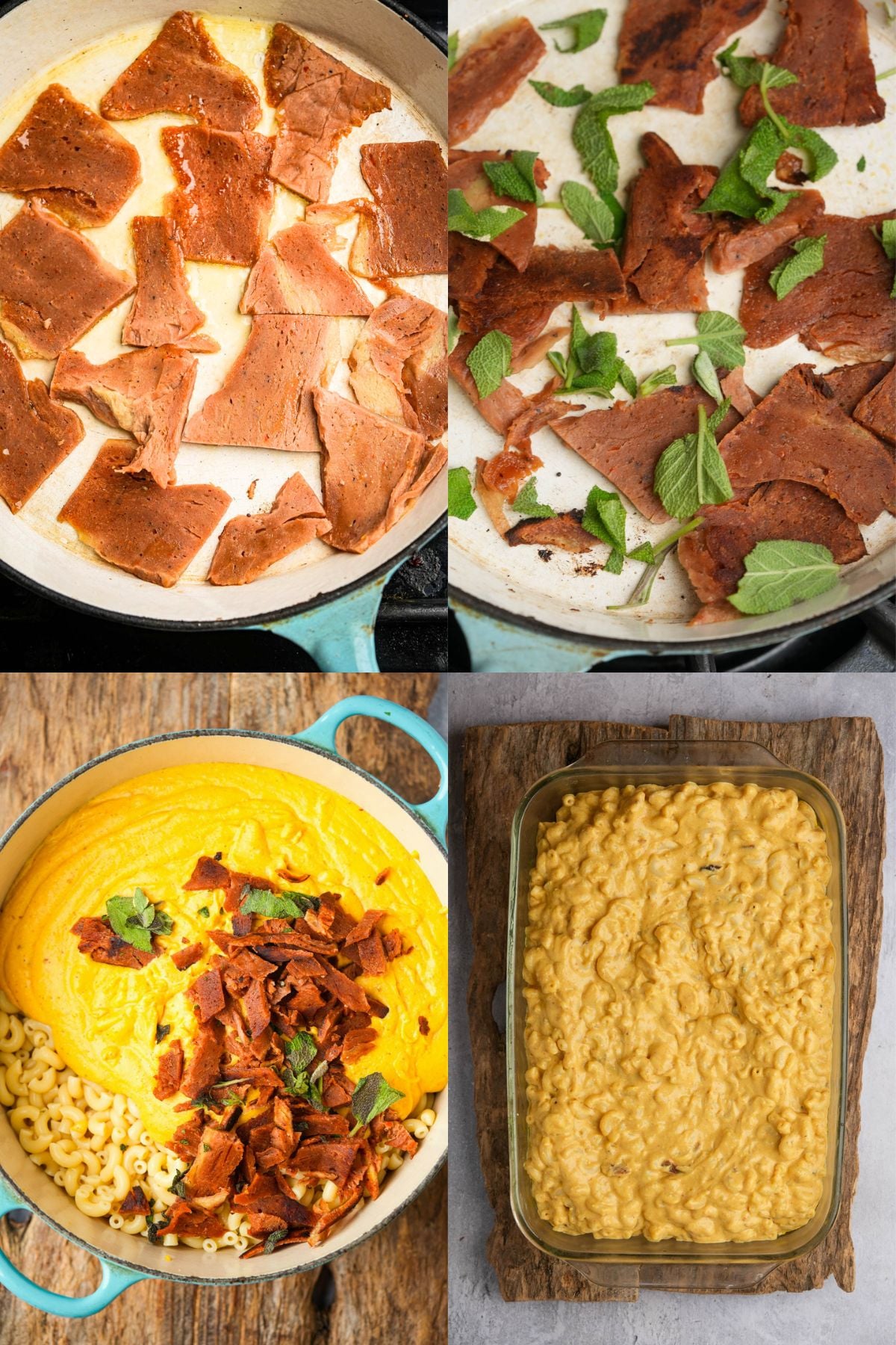 Four-step collage: cooking sliced vegan bacon in a pan, adding herbs, mixing with macaroni and creamy Vegan Pumpkin Mac and Cheese sauce in a pot, and finished vegan mac and cheese in a baking dish.