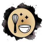 A whisk and a bowl with three sparkles above them are depicted on a beige circle, surrounded by an irregular black watercolor splash background.