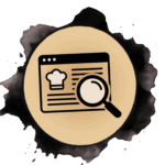 Icon of a web page with a chefs hat and lines of text, overlaid by a magnifying glass, set on a circular beige background with a black ink splash border.