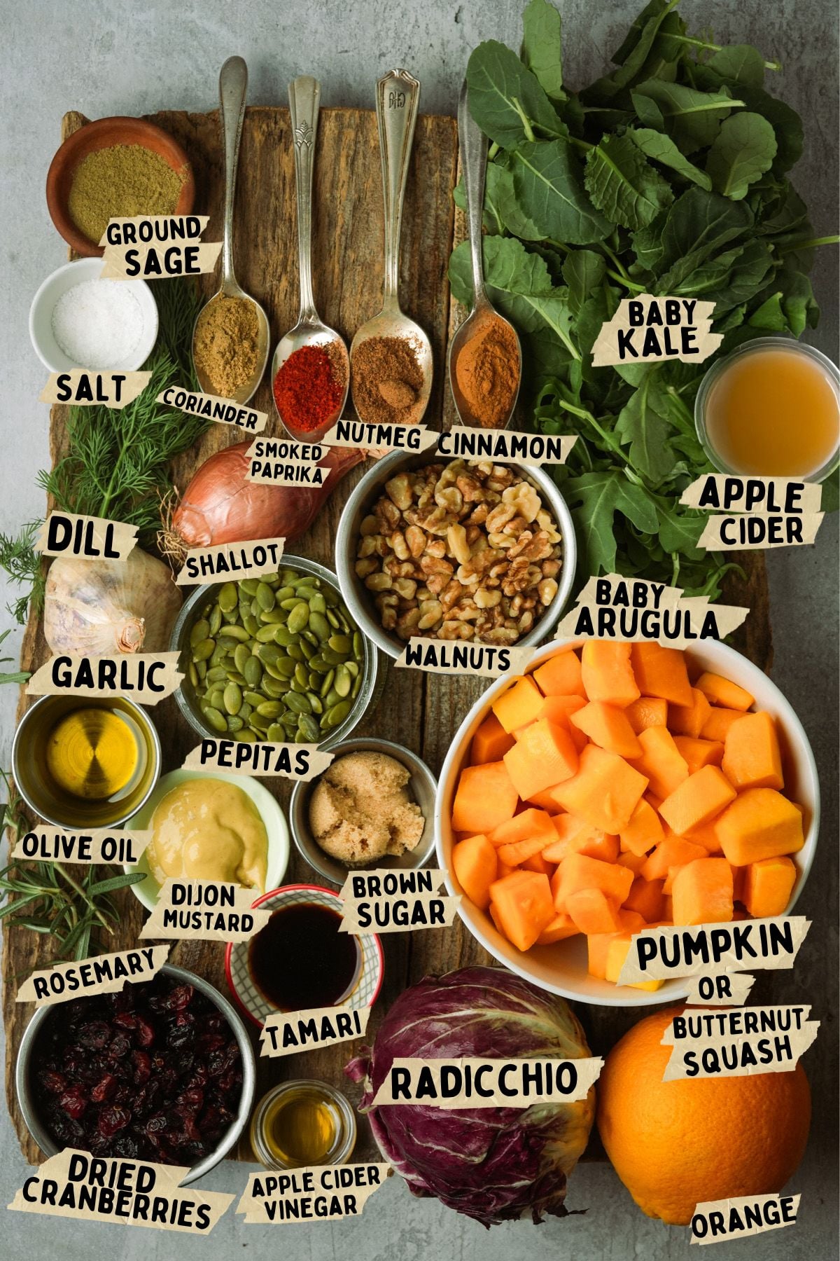 Labeled ingredients for a roasted pumpkin salad recipe on a wooden board, including pumpkin, radicchio, arugula, baby kale, walnuts, seeds, spices, salt, mustard, apple cider, vinegar, oil, orange, and dried cranberries.