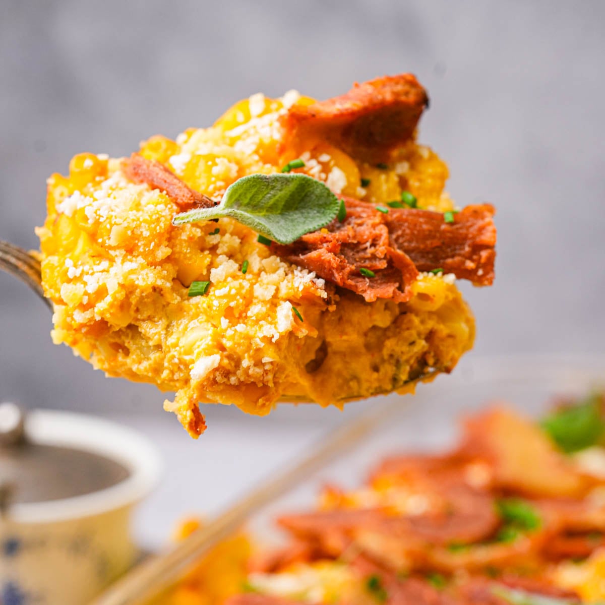 Vegan Pumpkin Mac and Cheese with Bacon & Sage