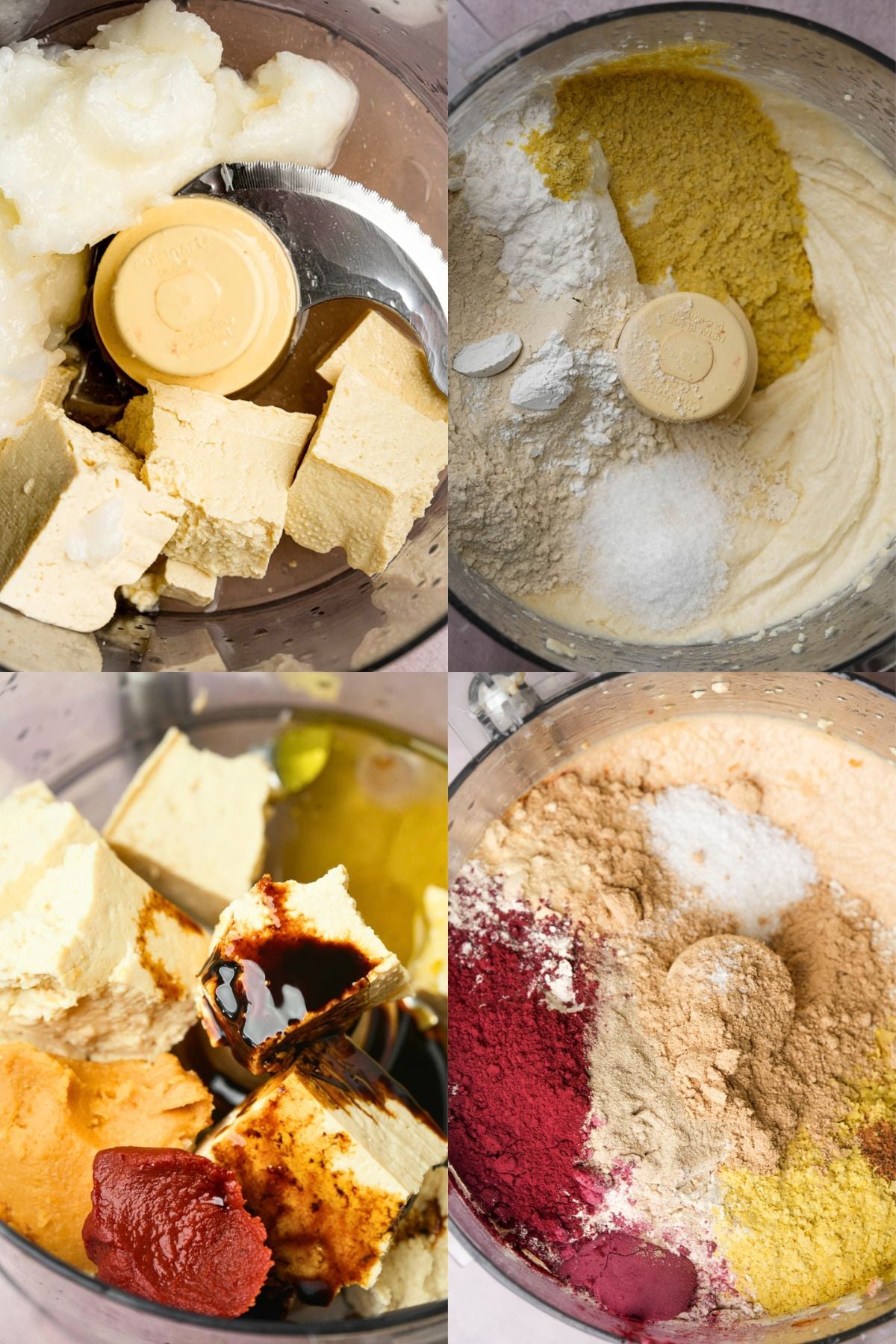 A four-panel collage showing various ingredients including tofu, oils, pastes, and powders being processed to make vegan prosciutto crudo.