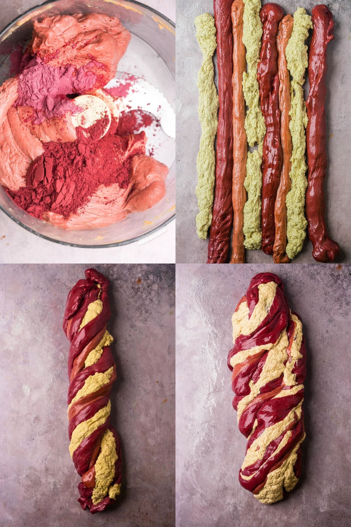 A collage showing the process of making braided vegan prosciutto crudo style bread: a bowl of pink dough with beet powder, long ropes of green and pink dough, a tightly twisted rope, and a final braided loaf.