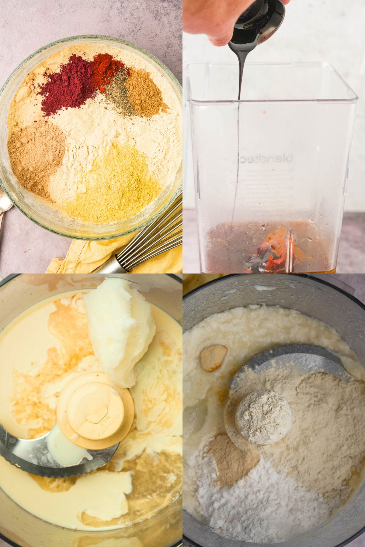 A four-panel collage showing the preparation of vegan pastrami: a bowl of mixed powders, dark liquid being poured into a blender, solid fat being added to a food processor, and powders being added to a mixing bowl.