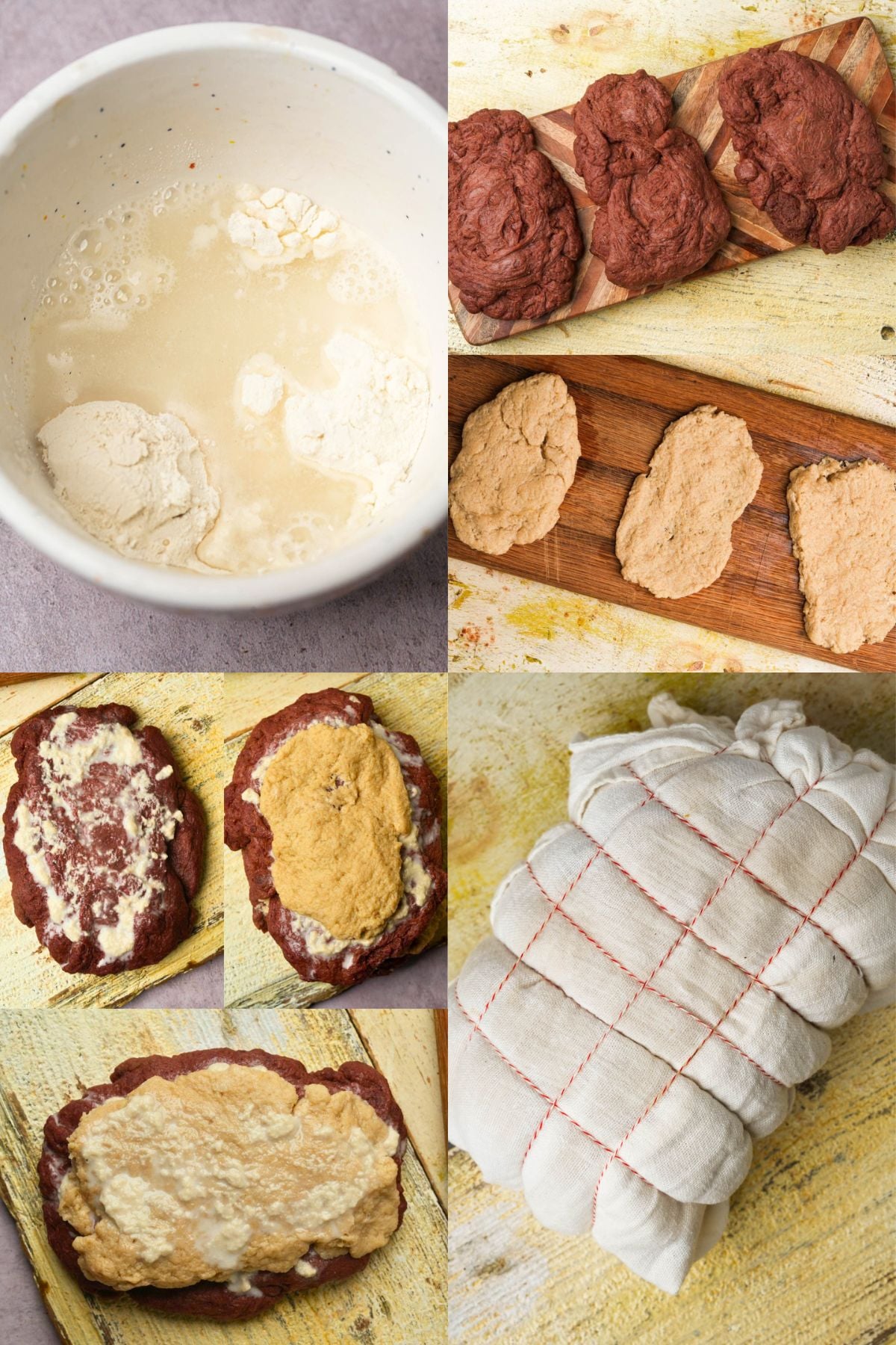 Collage showing steps for preparing a vegan pastrami food loaf: mixing ingredients in a bowl, arranging flat patties on a wooden board, stacking and spreading mixtures, and wrapping the completed bundle in cloth with twine.