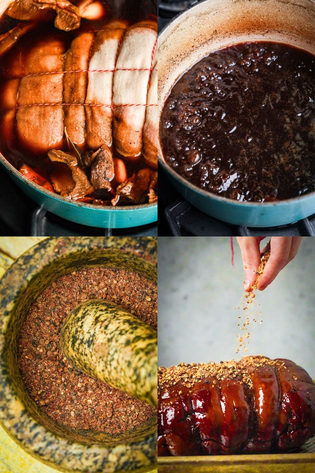 A collage showing a tied vegan pastrami roast braising in liquid, a dark sauce simmering in a pot, spices being crushed in a mortar and pestle, and a hand sprinkling spices over a glazed roast.