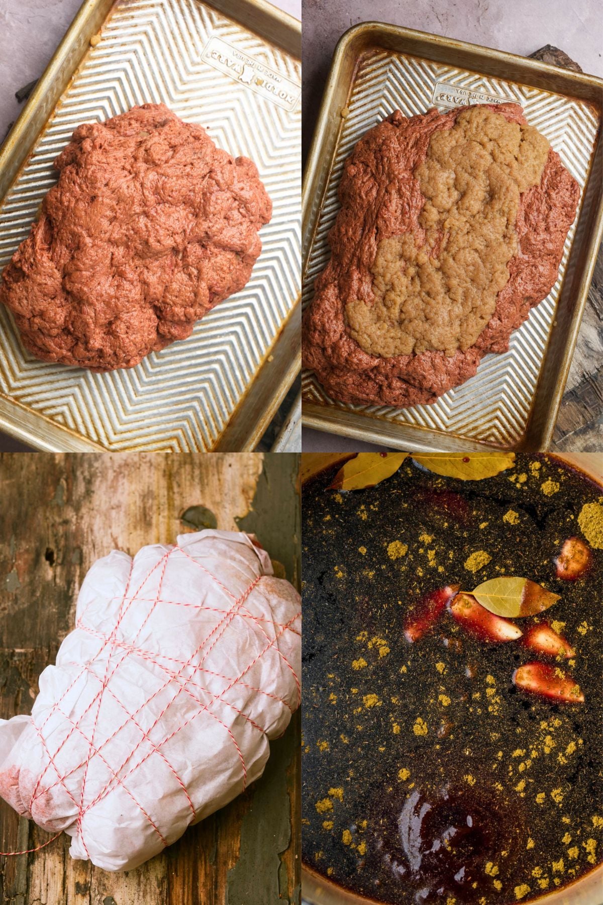 A four-panel collage showing a raw vegan BBQ brisket loaf on a baking sheet, the loaf with a topping added, the meat wrapped in butcher paper with twine, and a dark marinade with garlic and bay leaves in a bowl.