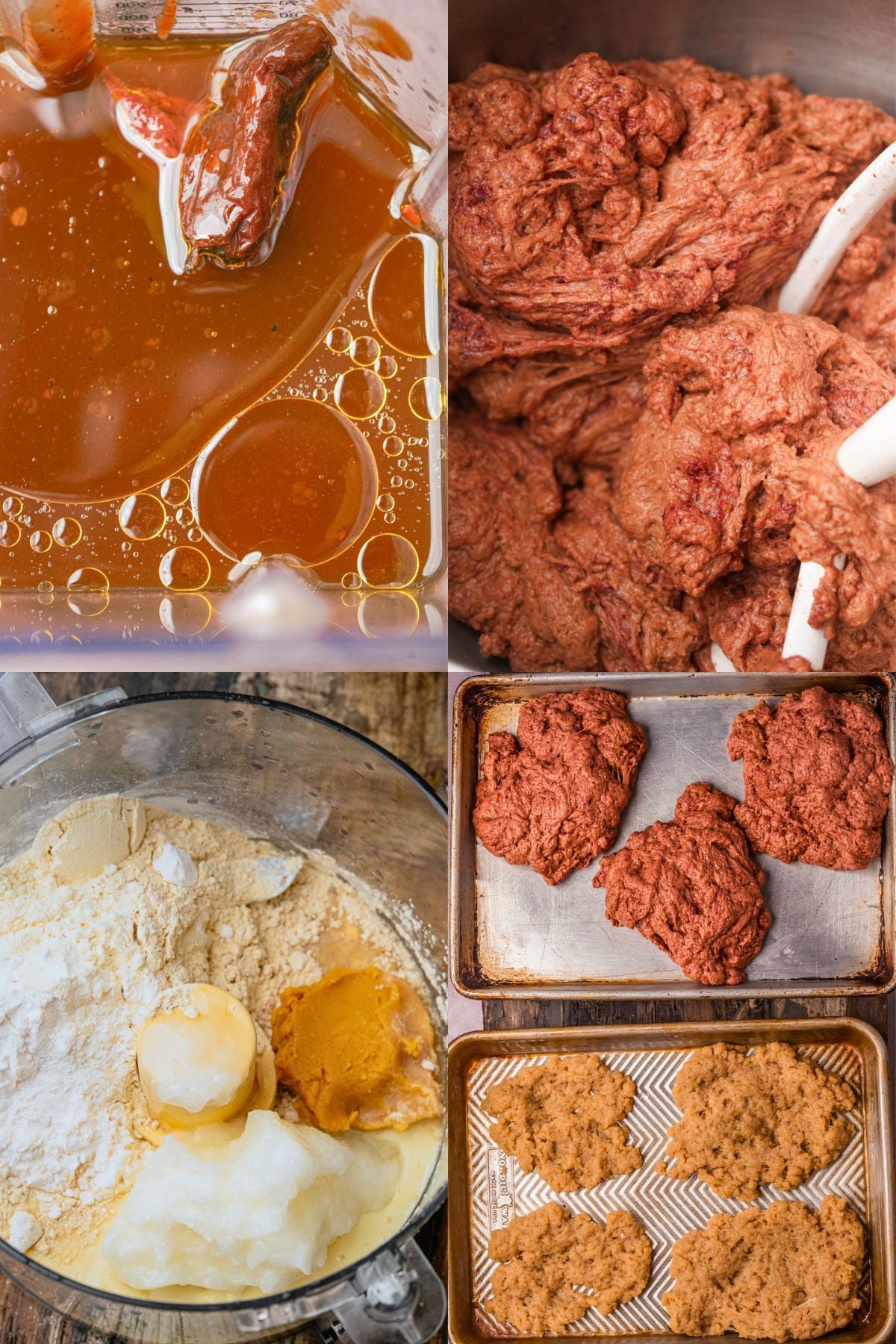 A collage of four images showing stages of preparing vegan bbq brisket dough: oil and liquid in a blender, raw red dough being mixed, dry ingredients in a food processor, and red dough portions on baking sheets.