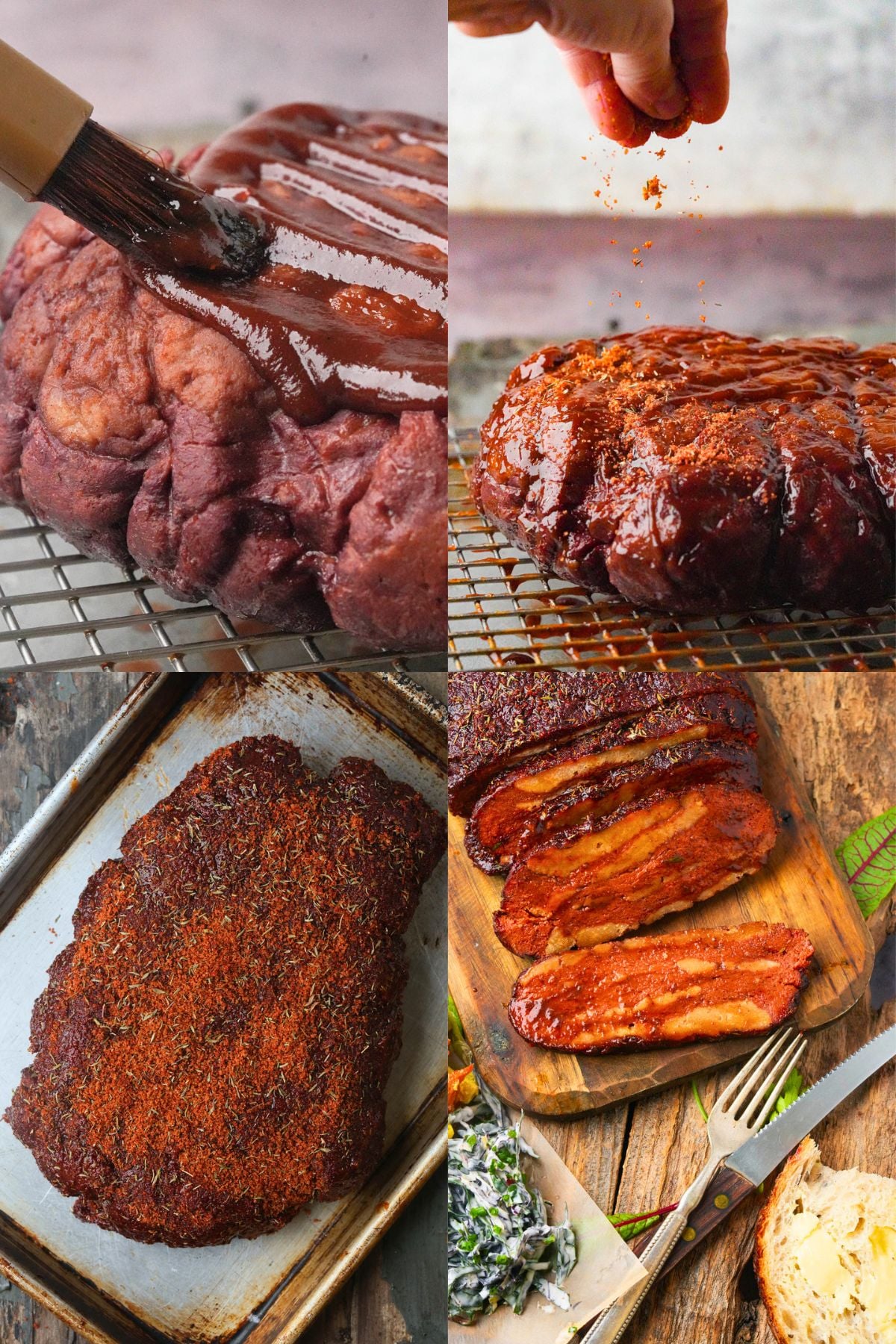 A four-panel collage showing a piece of vegan bbq brisket being glazed with sauce, sprinkled with seasoning, coated in dry rub on a baking sheet, and sliced on a wooden board.