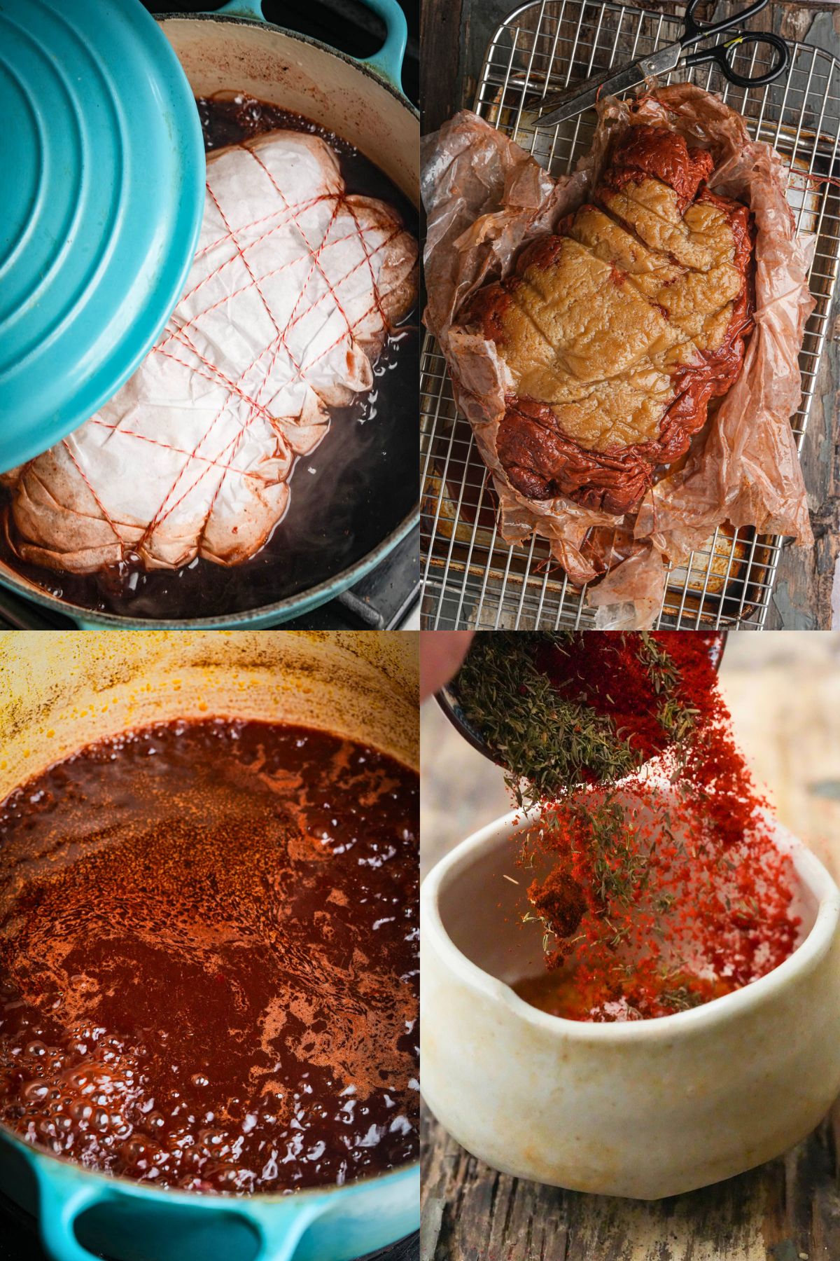Four-panel collage showing a tied vegan bbq brisket braising in a turquoise pot, a cooked roast resting on parchment paper and a wire rack, a simmering red sauce, and herbs and spices being poured into a bowl.