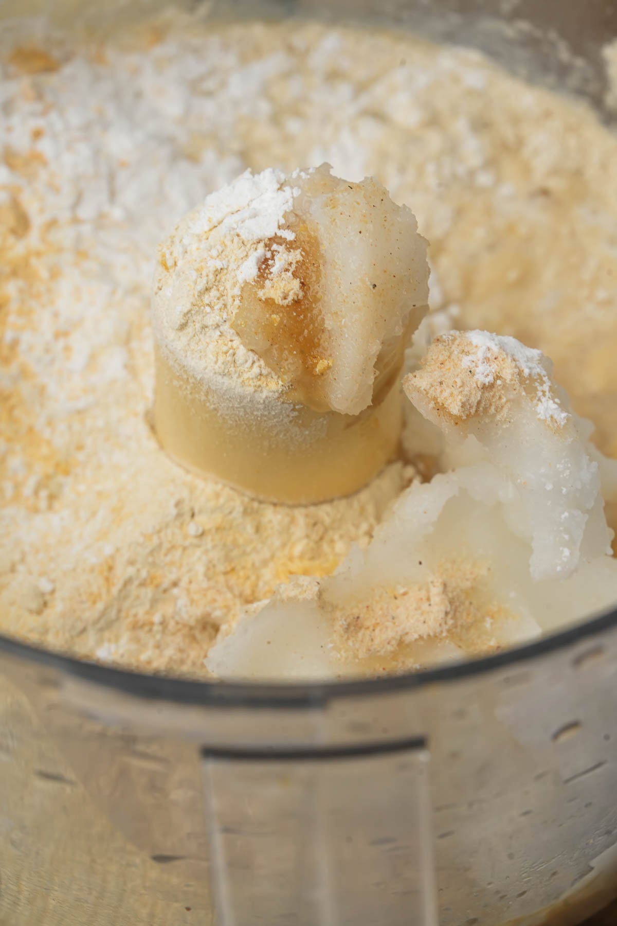 Coconut oil, soy milk, vital wheat gluten and tapioca starch in a food processor for the fat dough.