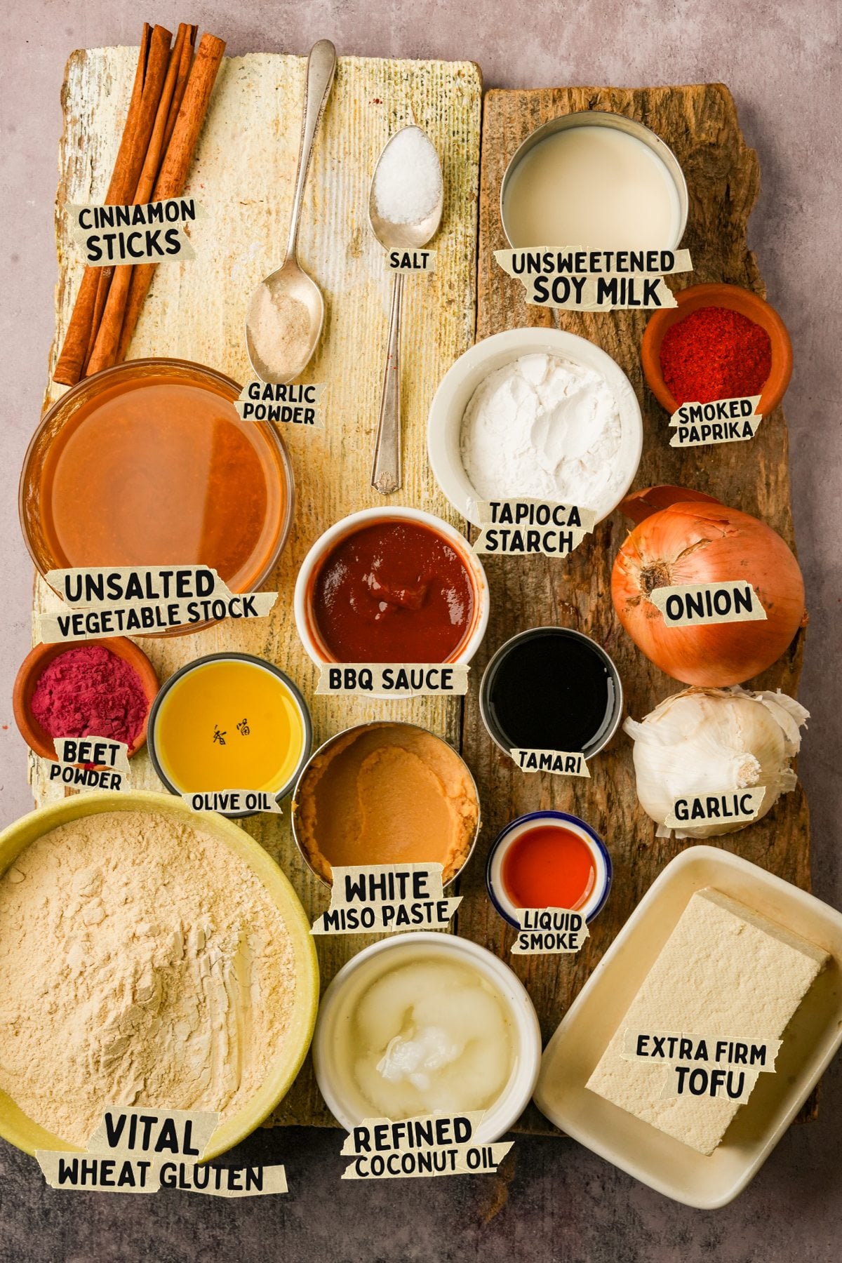 Labeled ingredients for vegan BBQ ribs: vital wheat gluten, extra firm tofu, white miso, cinnamon sticks, and more.