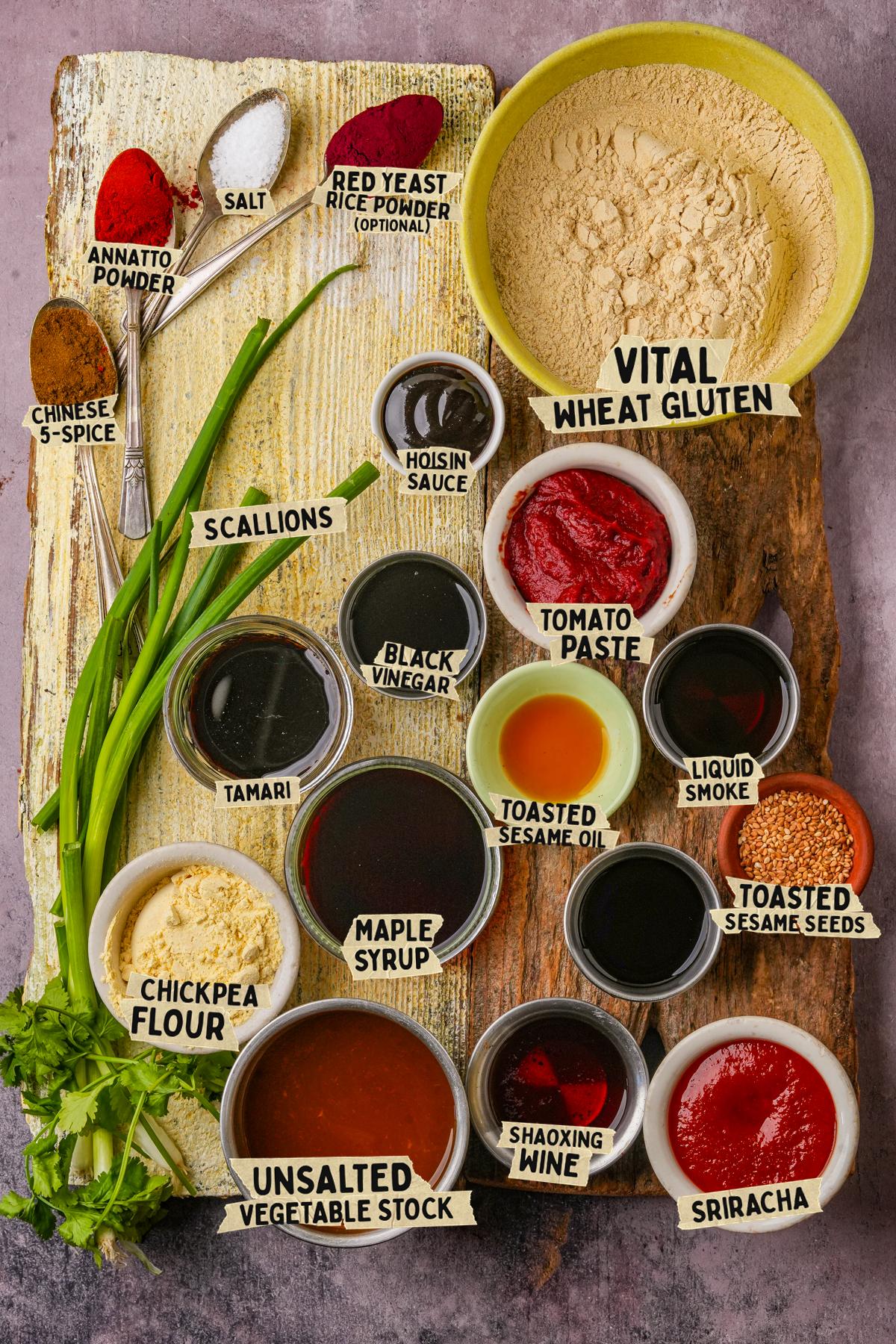 Labeled ingredients for vegan Chinese ribs: vital wheat gluten, hoisin sauce, black vinegar, Shaoxing wine, and more.