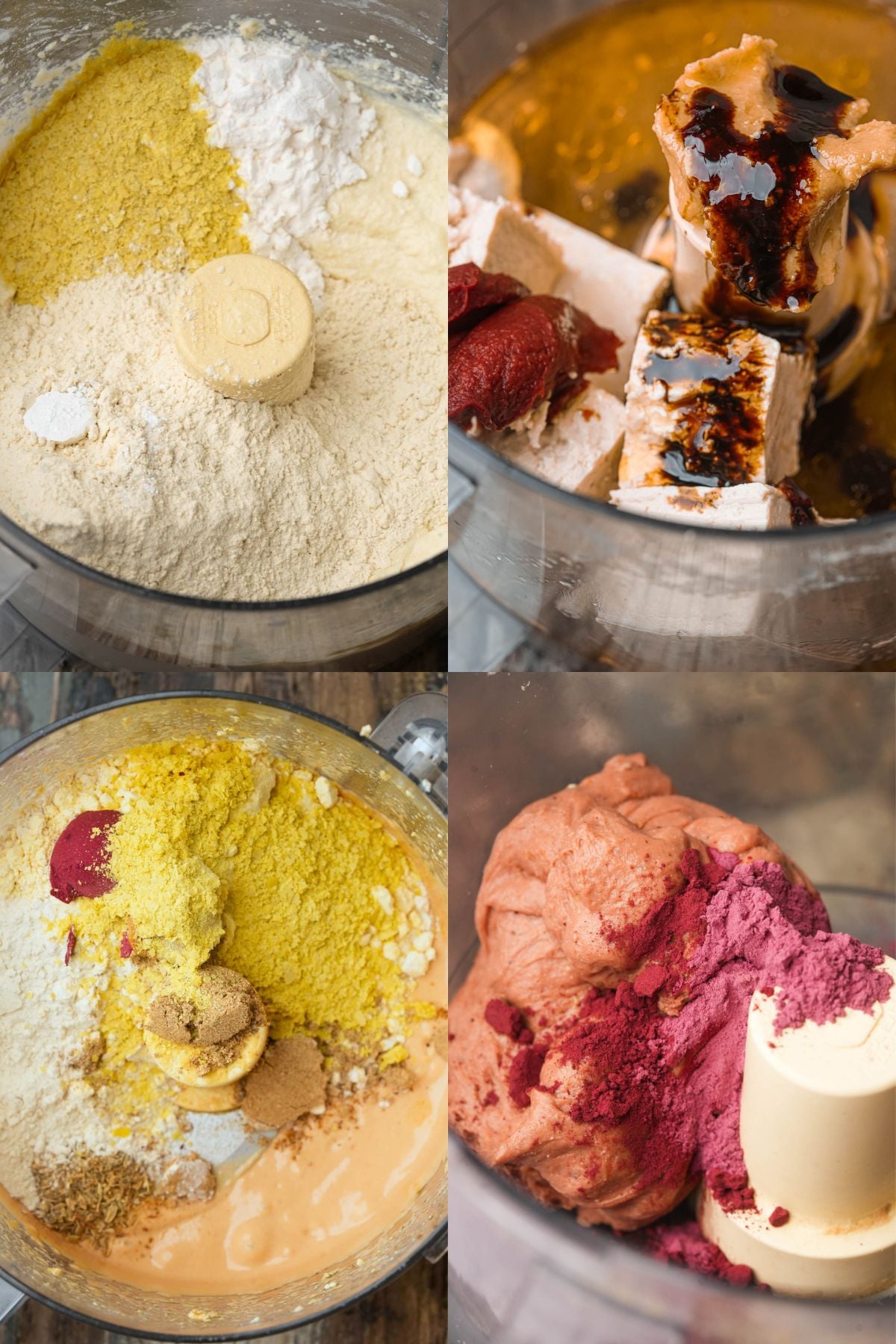 A four-panel collage showing a food processor bowl with various ingredients, including flour, tofu, liquids, and powders, in different stages of being mixed into a dough.