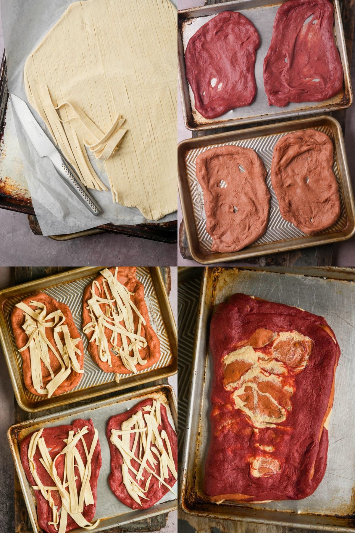 A collage showing steps for preparing vegan pancetta dough: slicing a sheet of plain dough, two pairs of shaped red dough on baking sheets, adding plain strips to the red dough, and a finished red and tan marbled dough slab.